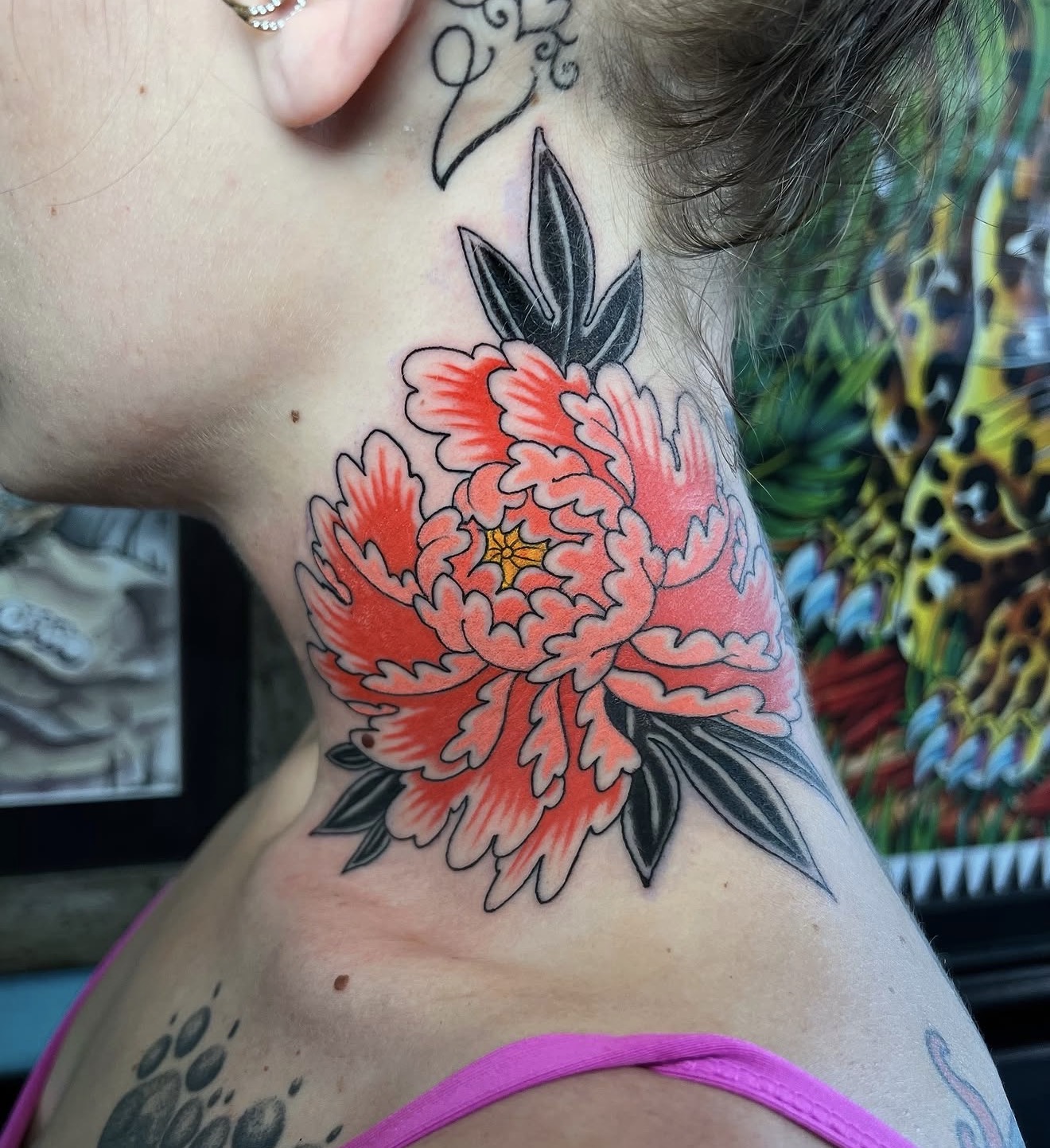 Japanese peony neck tattoo by Chopper